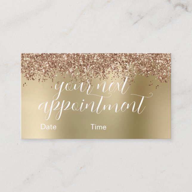 Elegant stylish rose gold glitter makeup & hair appointment card (Front)