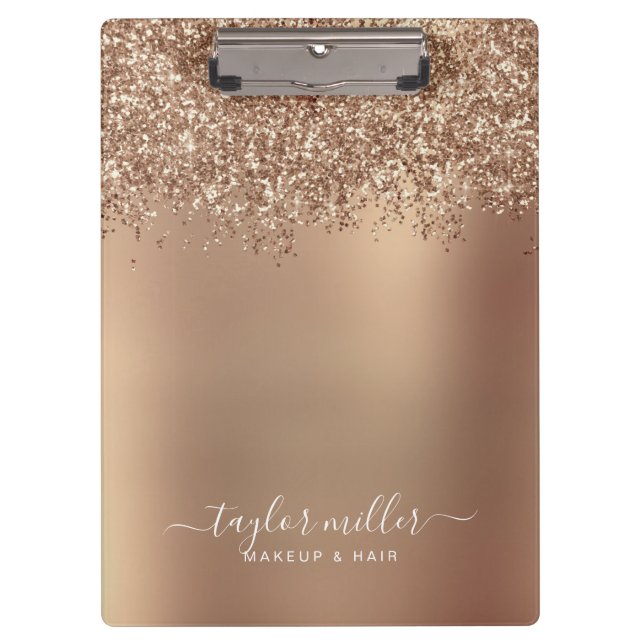 Elegant stylish rose gold glitter makeup & hair  clipboard (Front)