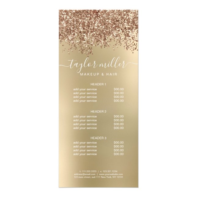 Elegant stylish rose gold glitter makeup & hair rack card (Front)