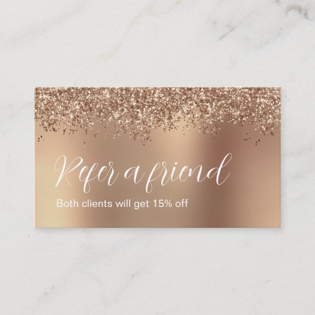 Elegant stylish rose gold glitter makeup & hair  referral card (Front)