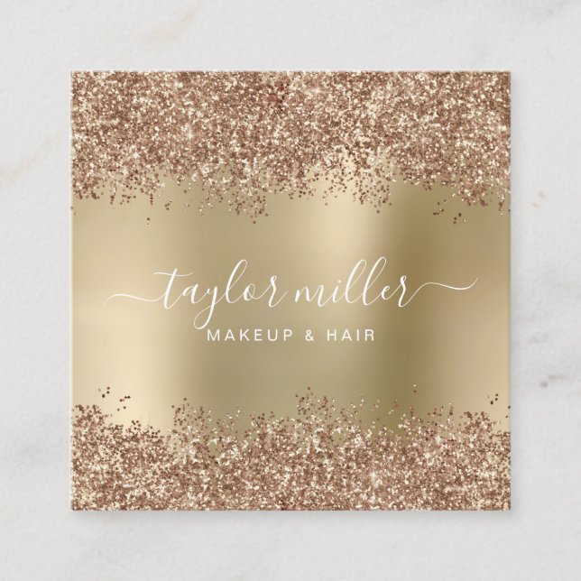 Elegant stylish rose gold glitter makeup & hair  square business card (Front)