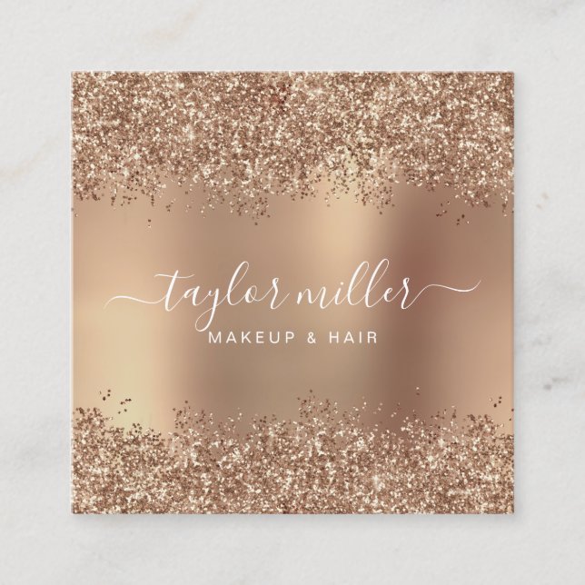 Elegant stylish rose gold glitter makeup & hair  square business card (Front)