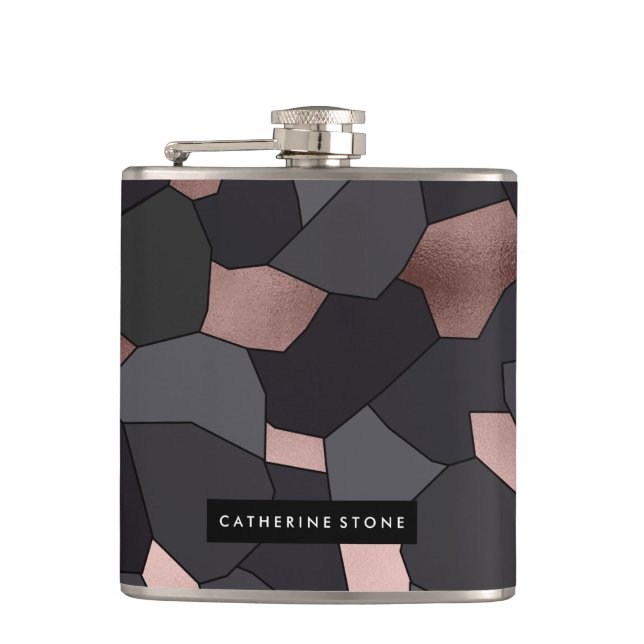 Elegant stylish rose gold grey and black mosaic hip flask (Front)