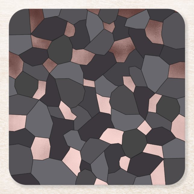 Elegant stylish rose gold grey and black mosaic square paper coaster (Front)