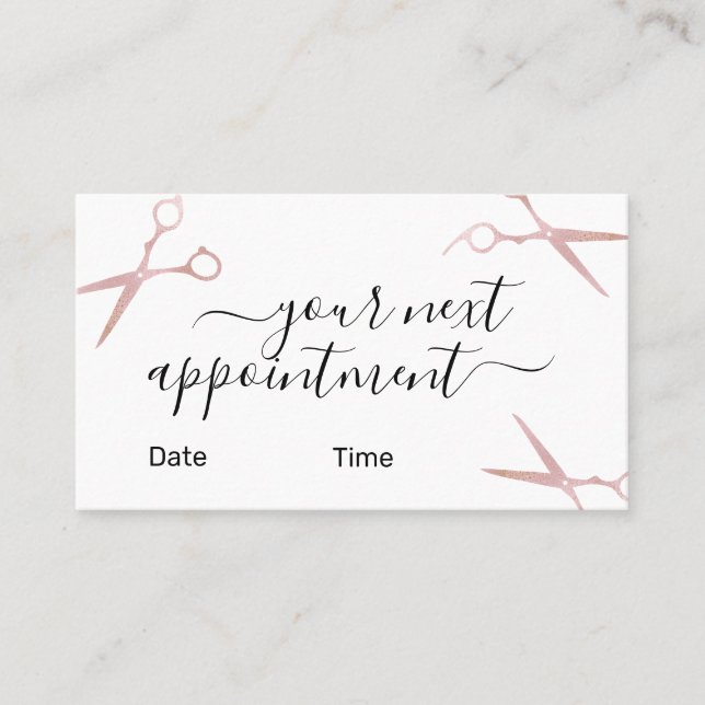 Elegant stylish rose gold scissors hairstylist appointment card (Front)