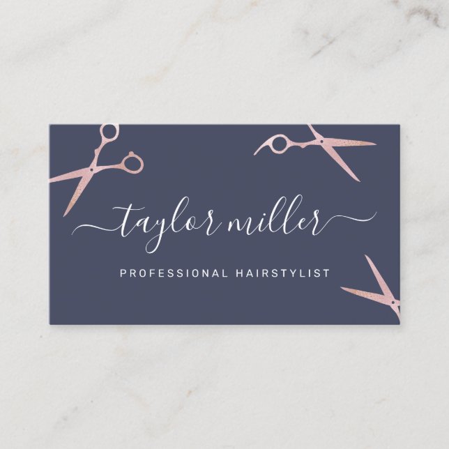 Elegant stylish rose gold scissors hairstylist business card (Front)