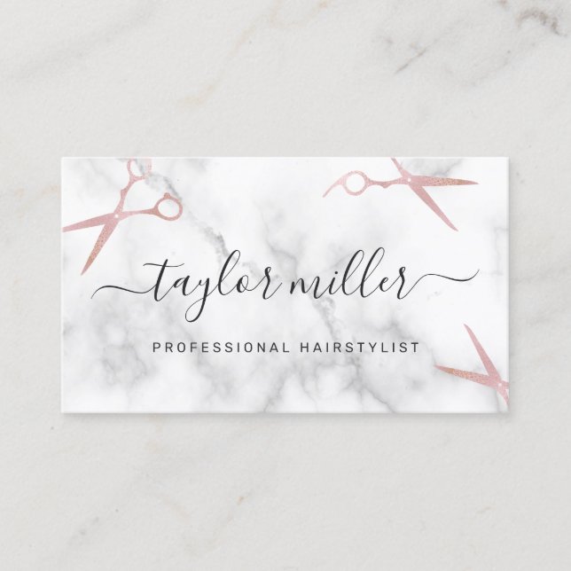 Elegant stylish rose gold scissors hairstylist business card (Front)