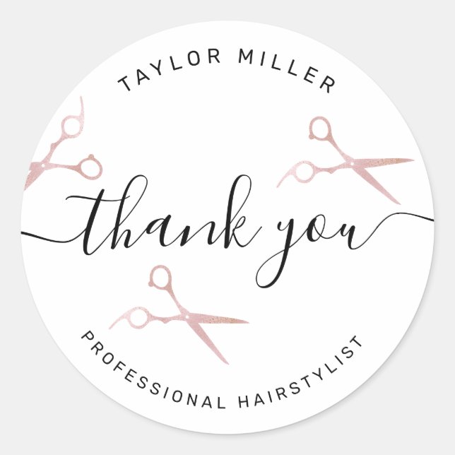 Elegant stylish rose gold scissors hairstylist classic round sticker (Front)