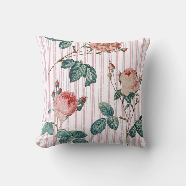 Elegant Stylish Roses Pink French Ticking Stripes Cushion (Front)