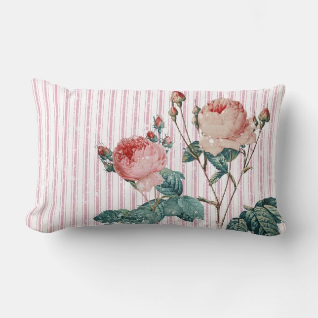 Elegant Stylish Roses Pink French Ticking Stripes Lumbar Cushion (Front)