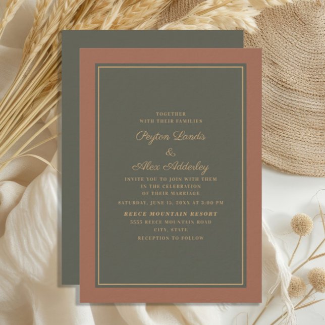 Elegant Stylish Rust Moss Green Autumn Wedding Invitation (Terracotta/burnt orange and dark sage/olive green wedding invitation)
