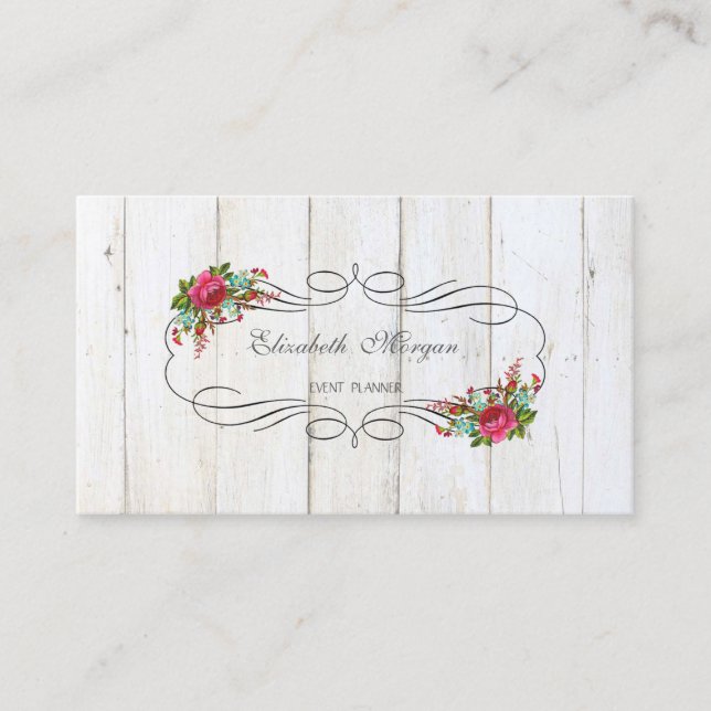 Elegant Stylish Rustic Chic,Flowers,Wood Texture Business Card (Front)