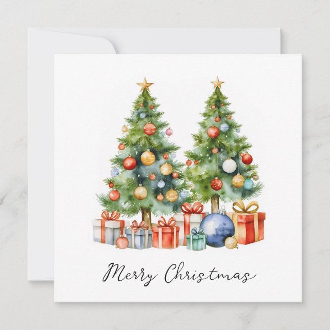 Elegant Stylish Rustic Watercolor Christmas Tree  Holiday Card (Front)
