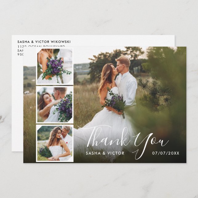 Elegant Stylish Script 4 Photos Wedding Thank You Invitation (Front/Back)