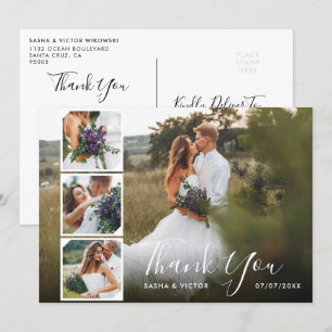 Elegant Stylish Script 4 Photos Wedding Thank You Invitation