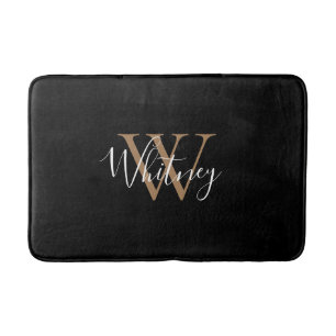 Elegant Stylish Script Name Gold Black Monogram Bath Mat