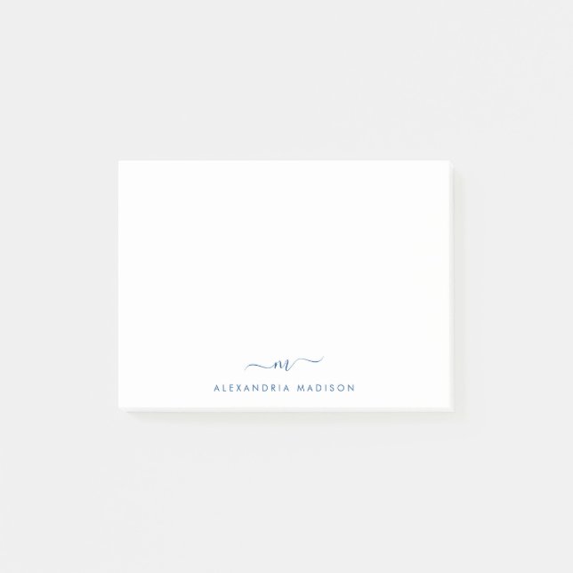 Elegant Stylish Script Navy Blue Monogram Office Post-it Notes (Front)