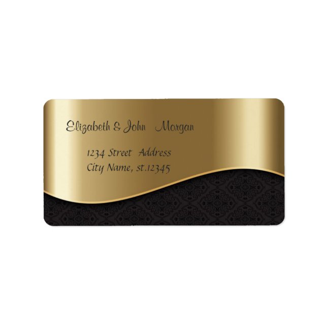 Elegant Stylish Shiny,Faux Gold ,Black Damask Label (Front)