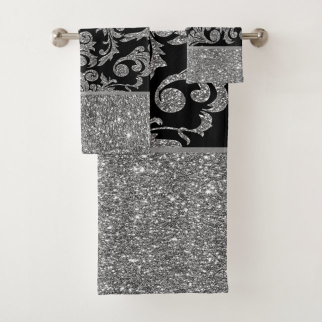 Elegant Stylish Shiny Silver  Black Gold Swirls Bath Towel Set (Insitu)