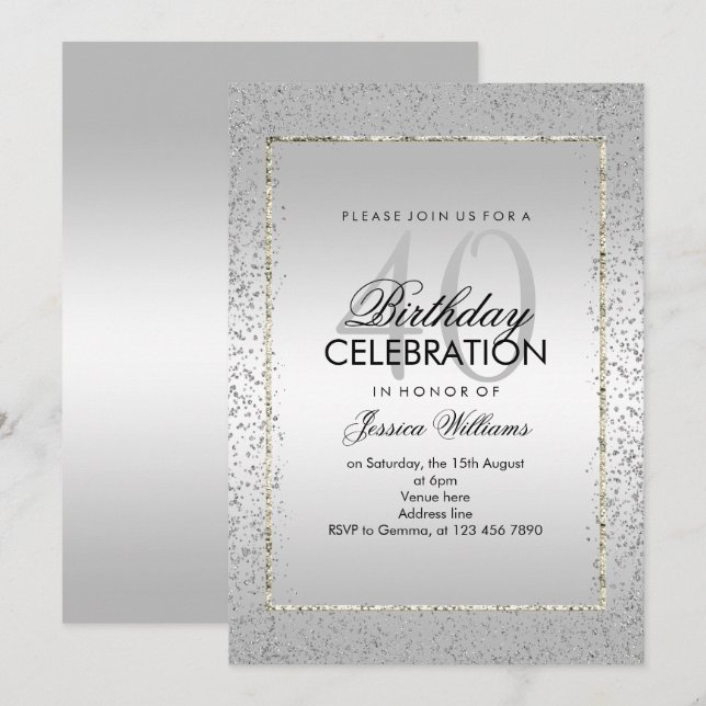Elegant Stylish Silver Confetti 40th Birthday Invitation (Front/Back)