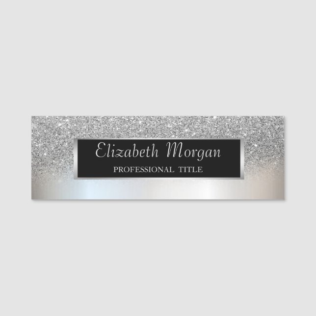 Elegant Stylish, Silver  Frame, Glitter Ombre Name Tag (Front)