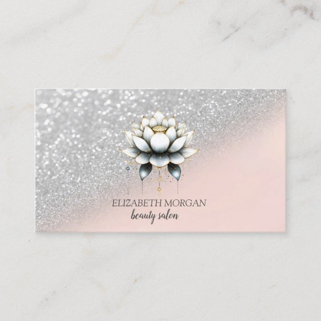  Elegant Stylish Silver Glitter Bokeh Lotus Pink Business Card (Front)