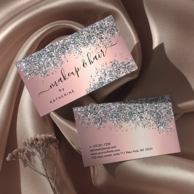 Elegant stylish silver glitter makeup and hair  business card (Creator Uploaded)