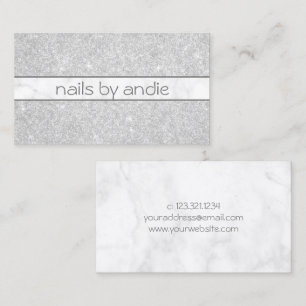 Elegant stylish silver glitter white marble nails business card