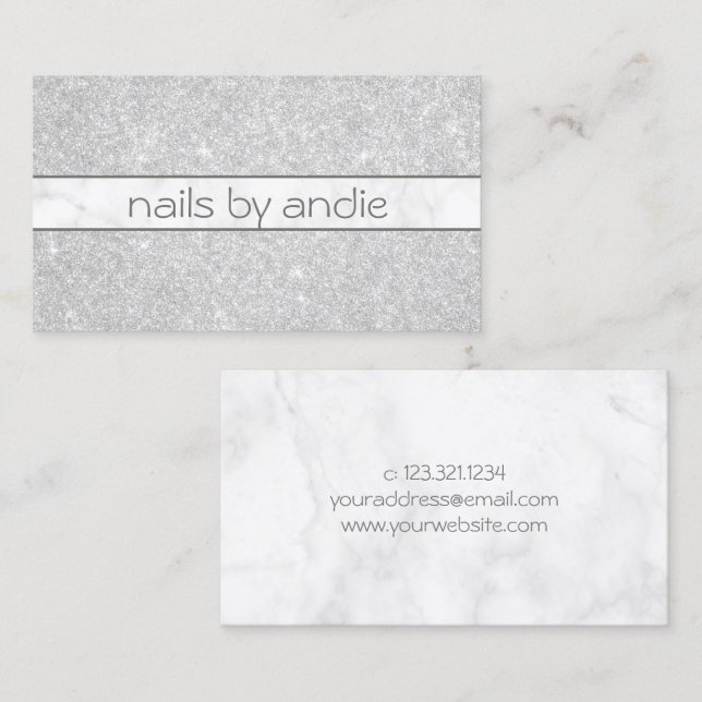 Elegant stylish silver glitter white marble nails business card (Front/Back)