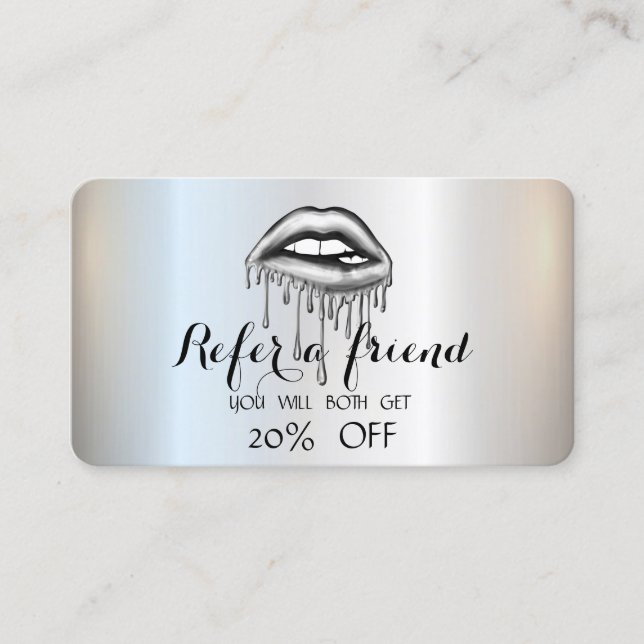 Elegant Stylish Silver Metallic Dripping Lips Referral Card (Front)