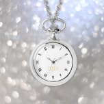 Elegant Stylish Silver Monogrammed Necklace Watch<br><div class="desc">Create your own custom, personalised, elegant stylish unique classy faux gold black and white hours, monogrammed, womens, alloy case and chain, silver necklace watch. Simply type in your name / monogram / initials, to customise. Makes a great gift, for birthday, graduation, mothers day, christmas, holidays, wedding, marriage anniversary, valentines day,...</div>