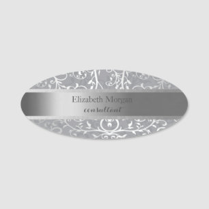 Elegant Stylish Silver Stripe, Swirls Name Tag