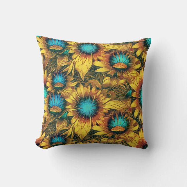 Elegant Stylish Sunflower Yellow Teal Floral  Cushion (Front)
