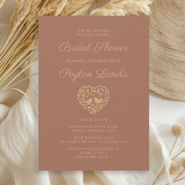Elegant Stylish Terracotta Rust Love Birds Bridal  Invitation (Terracotta/burnt orange Love Birds bridal shower invitation)