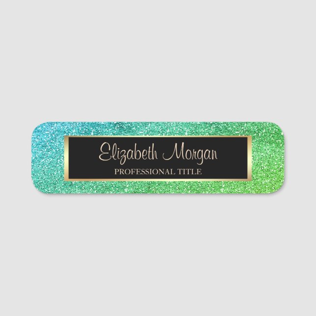 Elegant Stylish Trendy Green Glitter, Frame Name Tag (Front)