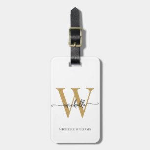 Elegant Stylish White Gold Monogram Initial Script Luggage Tag