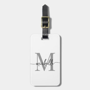 Elegant Stylish White Grey Monogram Initial Script Luggage Tag