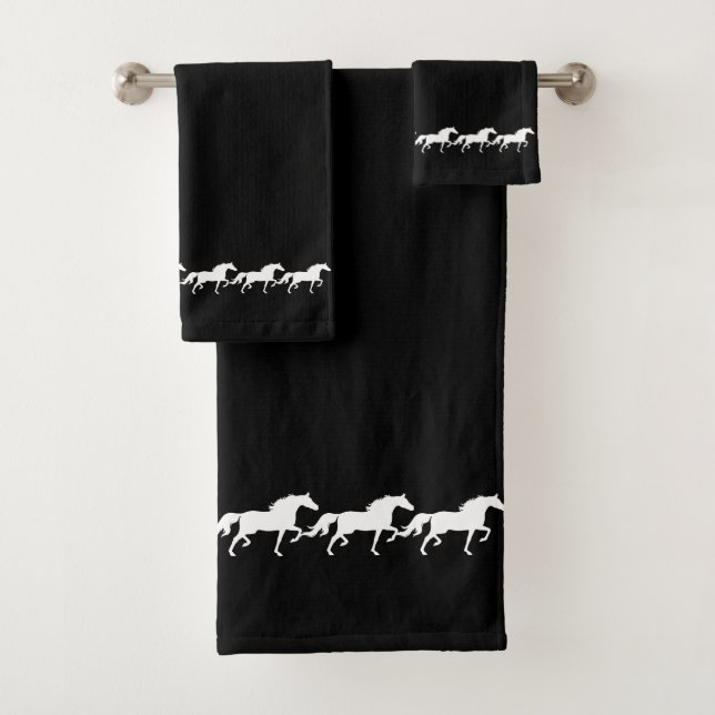 Elegant Stylish White Horses on Black Bath Towel Set (Insitu)