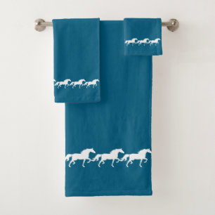 Elegant Stylish White Horses on Ocean Blue Bath Towel Set