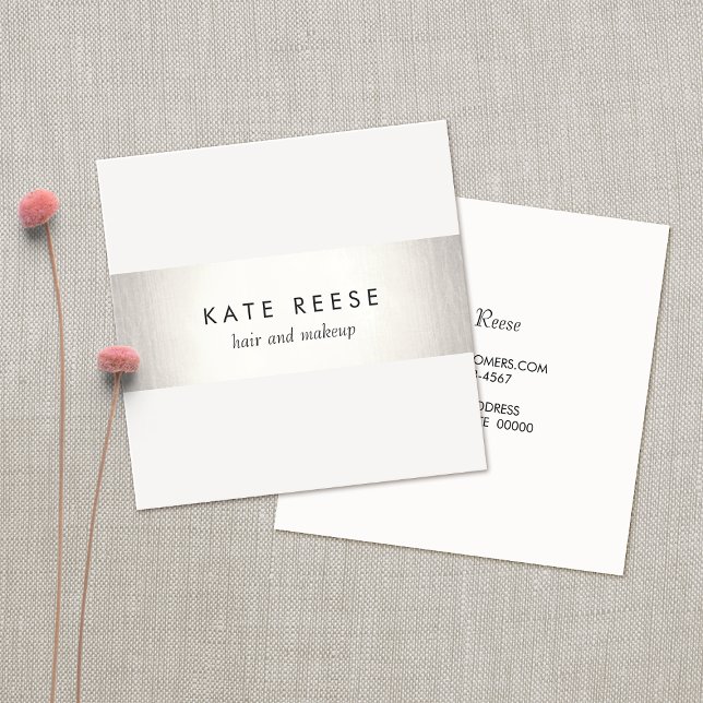 Elegant Stylish White Modern FAUX Silver Striped Square Business Card (Creator Uploaded)