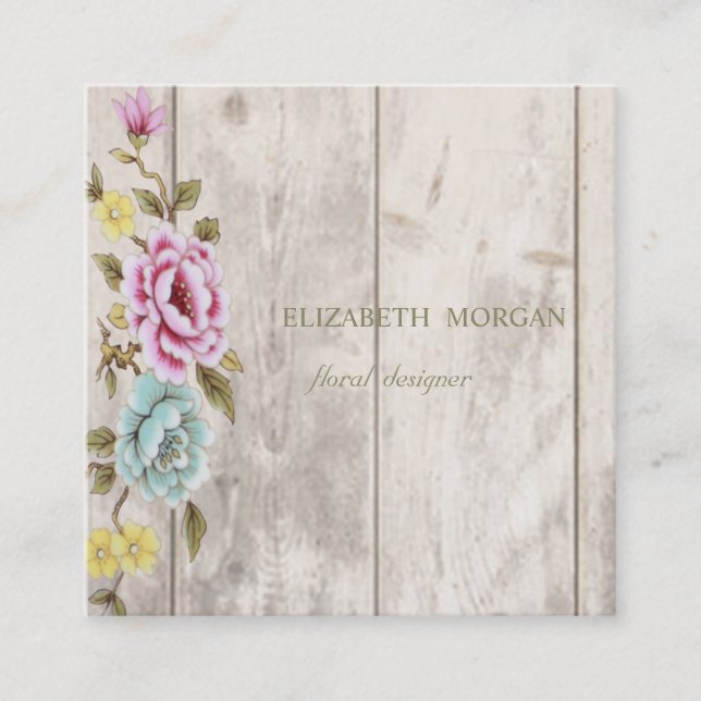 Elegant Stylish Wood texture,Floral Square Business Card (Front)
