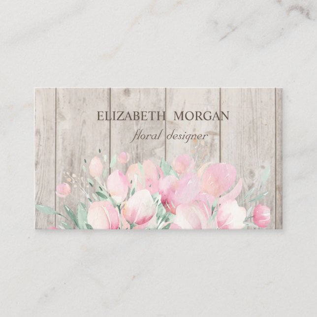 Elegant Stylish Wood Texture,Flowers Business Card (Front)