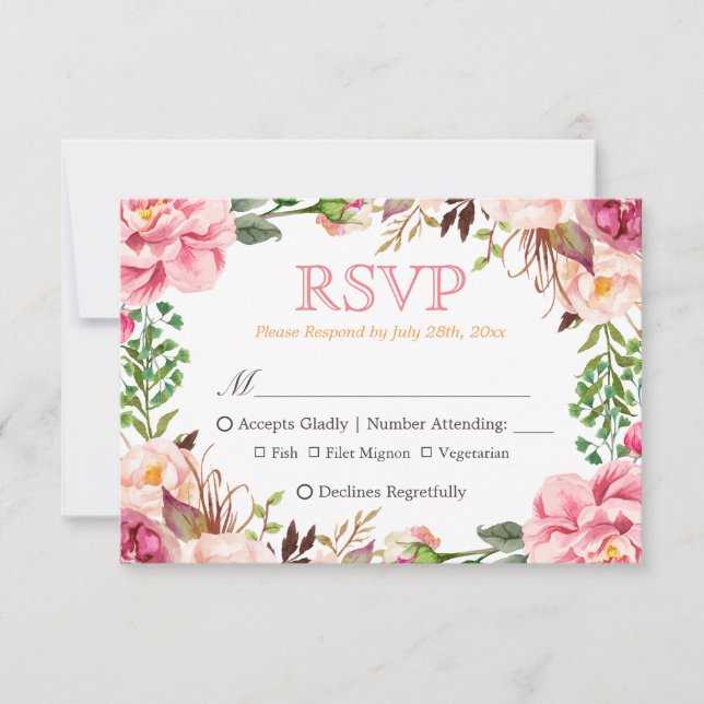 Elegant Subtle Chic Pink Floral Meal Choices RSVP Card (Front)