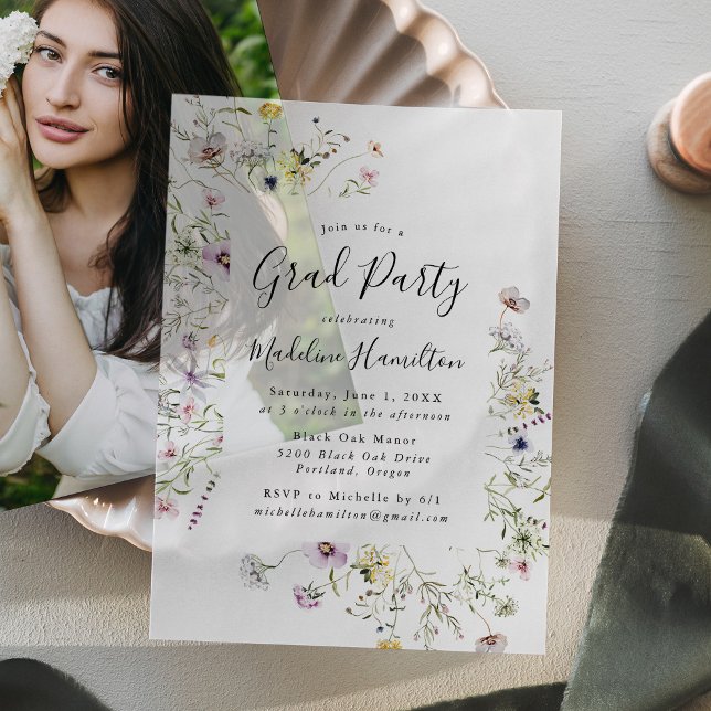 Elegant Subtle Wildflowers Graduation Party Vellum Invitations (Creator Uploaded)