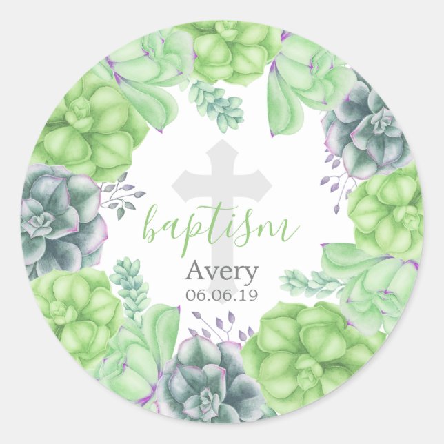 Elegant Succulent Cross Baby Baptism Religious Classic Round Sticker (Front)