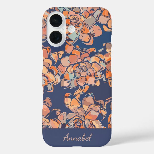 Elegant Succulent Floral Custom Name Navy Blue Case-Mate iPhone Case (Back)