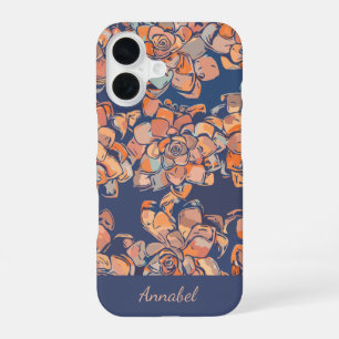 Elegant Succulent Floral Custom Name Navy Blue iPhone 16 Case
