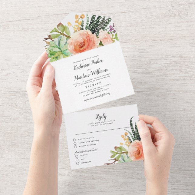 Elegant Succulent Garden Boho Wedding All In One Invitation (Tearaway)