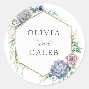 Elegant Succulent Gold Frame Wedding Classic Round Sticker