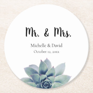 Elegant Succulent Greenery Wedding Mr. & Mrs. Round Paper Coaster